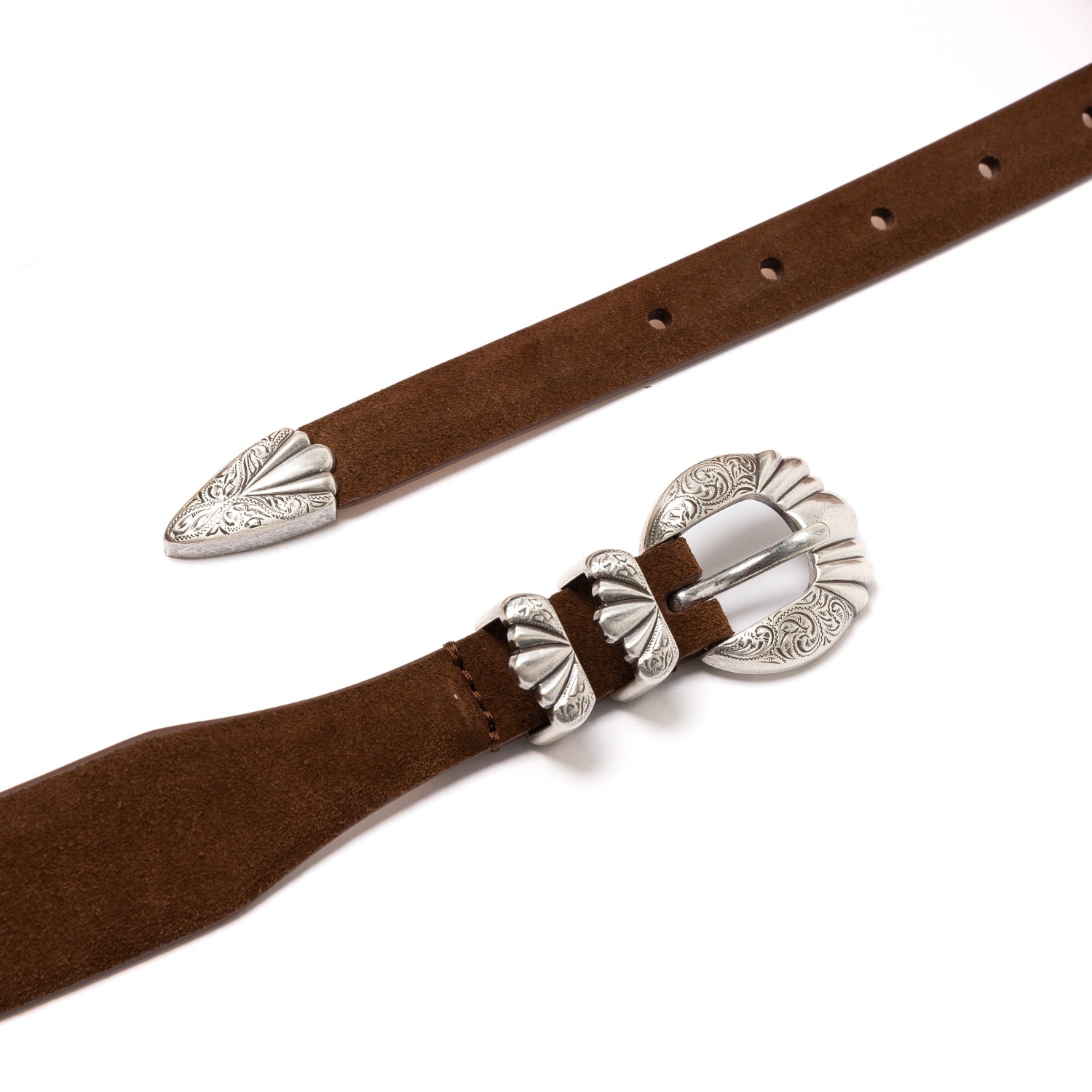 Silver Ostrich x MJ: Western Belt "Versailles" made of Brown Suede - handmade